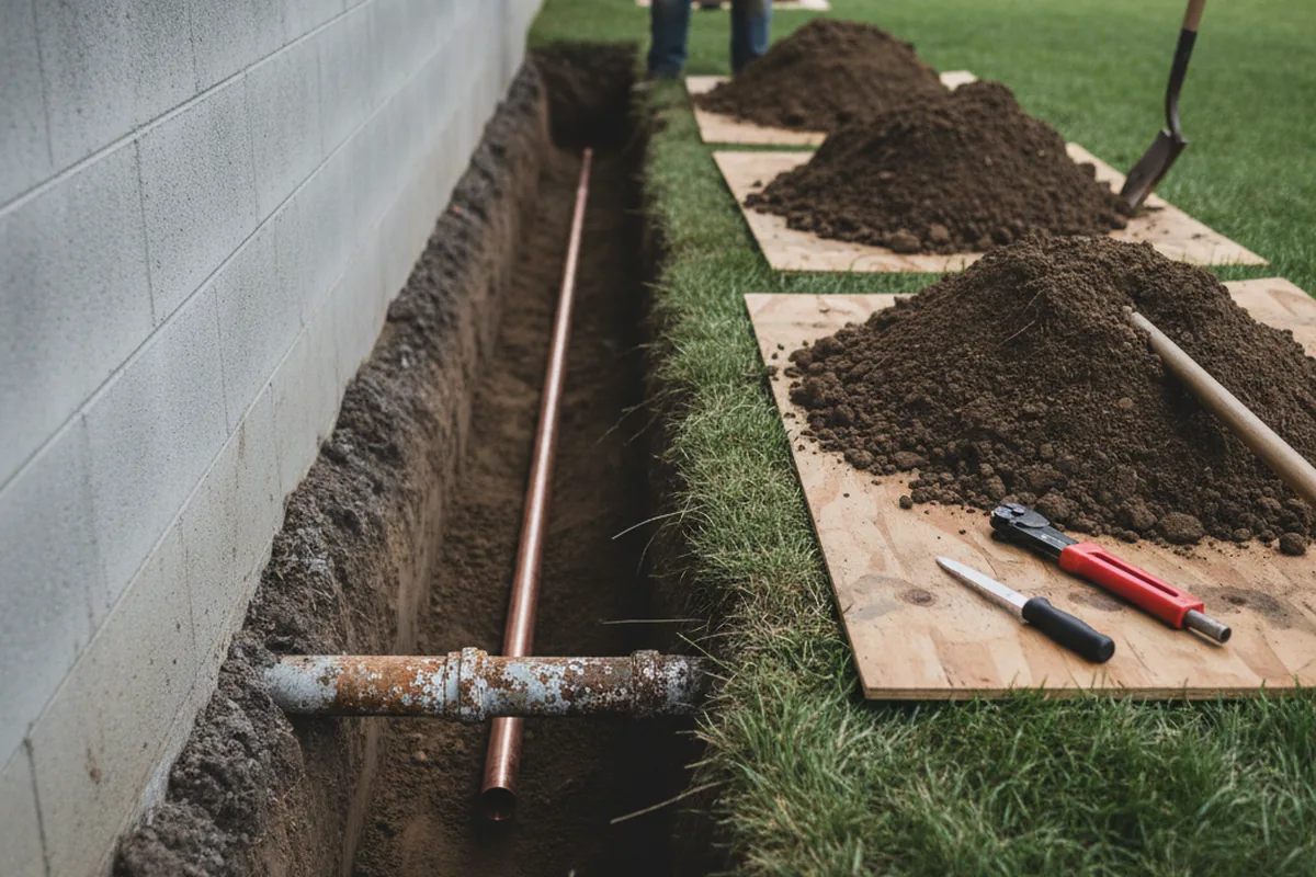 Excavated water line trench during Water Softener Installation in South Lancaster